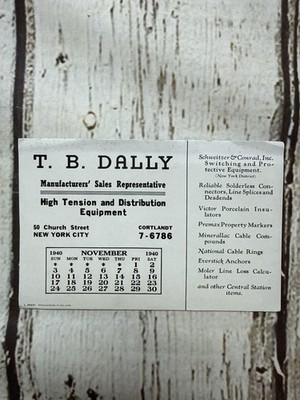 VTG T.B. Dally High Tension Equipment 1940 November Calendar Ink Blotter