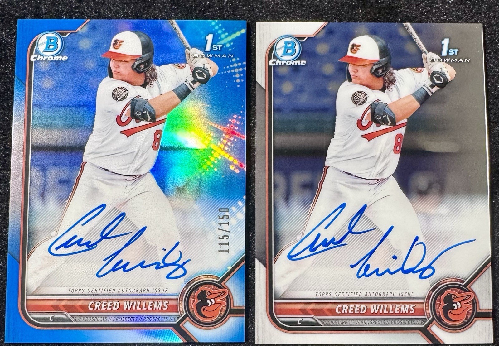 2022 Bowman Chrome Creed Willems 1st Blue Refractor Auto /150 & Base Orioles