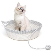Cotton Rope Woven Cat Bed Basket, Hand Woven with Toy Tail, Large Gray  White