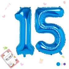 Smlpuame Number 15 Balloon 40" Large Blue Aluminum Tape Straw