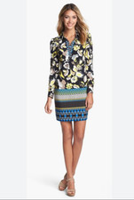 Laundry by Shelli Segal Dress Womens 4 Black Floral Silk Look Shift Mini Zip