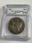 1921 Peace Dollar High Relief, Key Date, 1,006,473 Minted ICG VF Details Cleaned