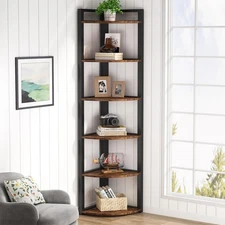 6 Tier Corner Shelf, 70.9 Inch Tall Corner Bookshelf Small Bookcase Rustic Co...