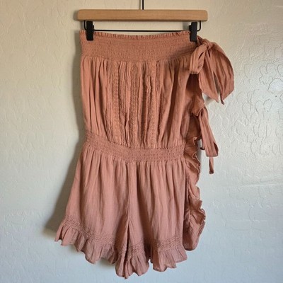 Free People Feeling Fancy Romper in Tuscany Taupe XS Gauzy Cotton Smocked Ruffle