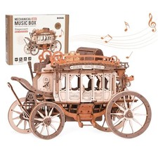 3D Wooden Puzzles for Adults-Stagecoach Music Box Kit-DIY Wood Model Kits for