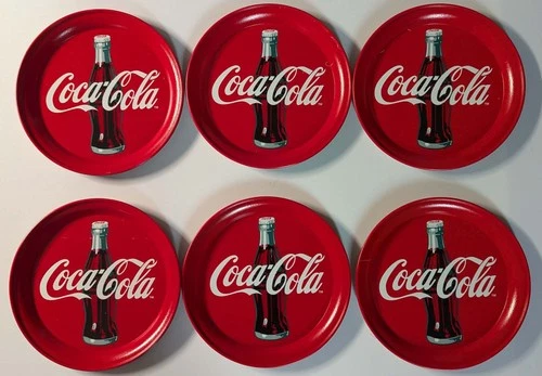 Coca-Cola Coaster Set of 6 Metal Red Bottle Logo Bar Coasters Retro Vintage