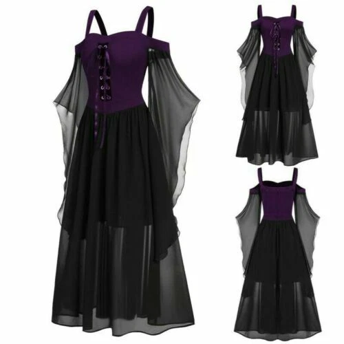 Kleider Plus Gothic Halloween Kleid Schnürärmel Fledermaus Damen Cold Shoulder - Bild 15 von 20
