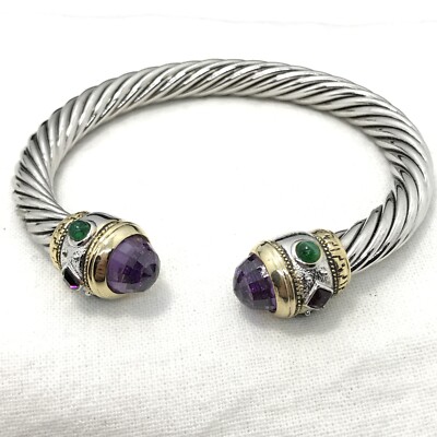 Vintage T*J  High End Renaissance Revival Amethyst CZ's Green Cab  Cuff Bracelet