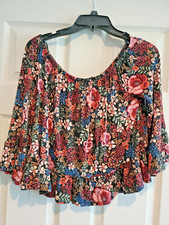 New 78 Bright Floral Round Neck Ruffled off the shoulder Boho Crop Aline Blouse