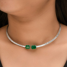 9.05 Tcw Real SI/H Diamond Zambian Emerald Choker Necklace Gift 14k White Gold