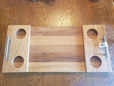 Solid Oak Serving Tray, Raised Drink Holders & Satin Nickel Handles 25.5"X12"