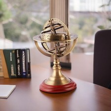 Antico mappamondo sfera armillare in ottone con espositore in legno per ufficio decorativo
