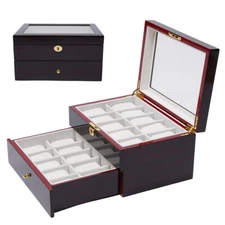 20 Slots Watch Display Case Ebony Wood Organizer Top Glass Jewelry Box Storage