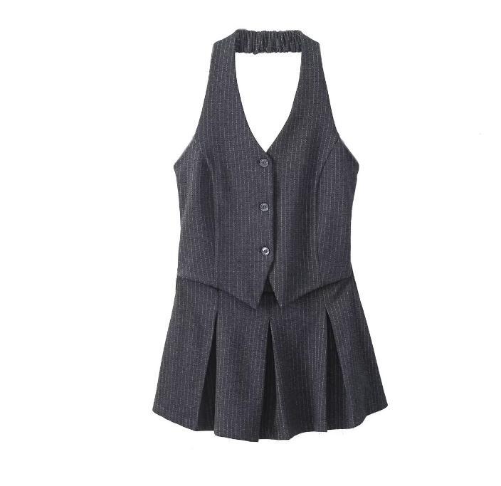 Women's Stripe Pleated Skirt Waistcoat Dress Sleeveless Pullover Midi Skirt  New