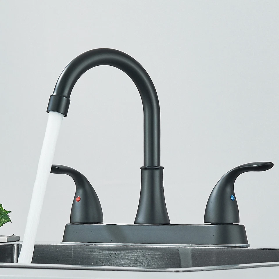 Grifo de cocina negro mate 2 manijas 4 orificios grifo mezclador fregadero con rociador lateral Foto 4 de 4