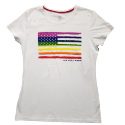 US Polo Assn Womens T-Shirt Short Sleeve Graphic Flag, White, Size S NWT