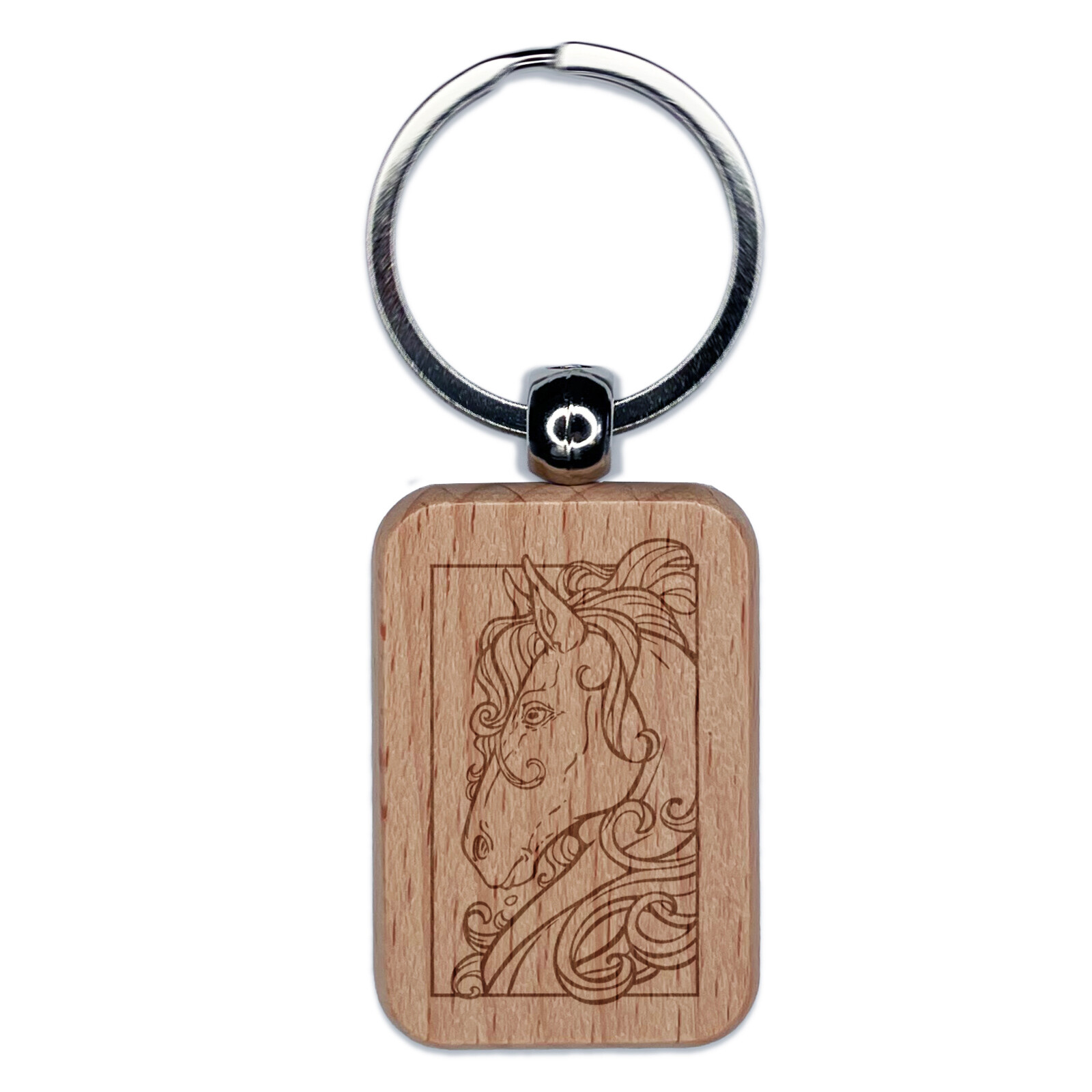 Elegant Engraved Wood Horse Portrait Keychain Charm Tag