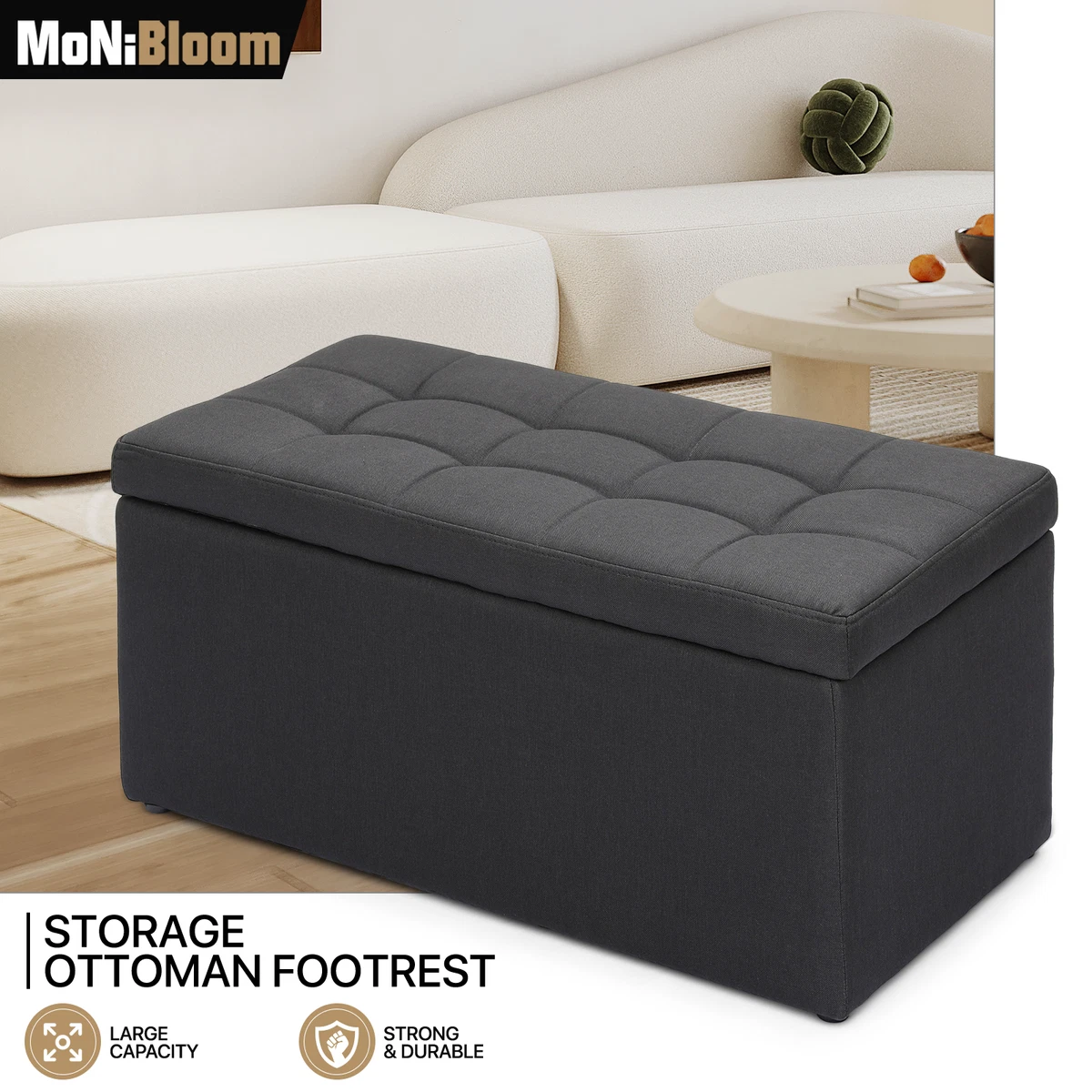HAUSFRAU Folding Ottoman With Storage – 31.5 Inch Bench, Faux Leather, Flip-Top Lid For Living Room & Bedroom - View #6