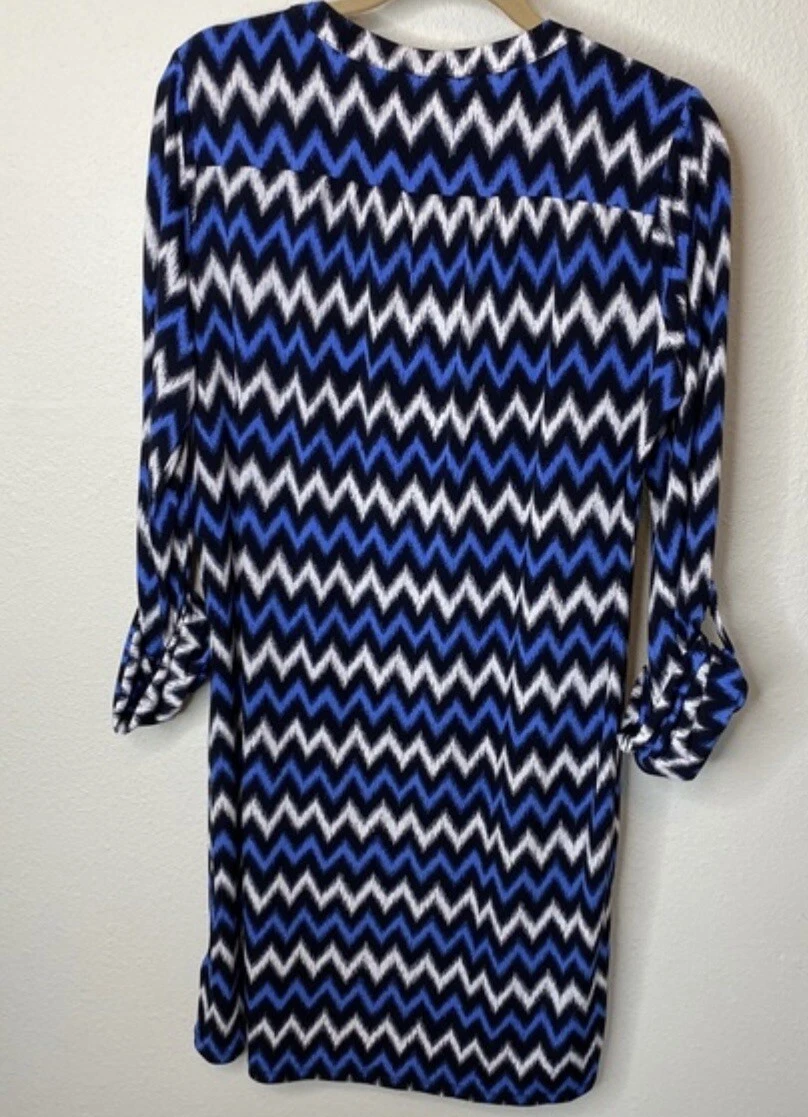 Abito tunica midi Michael Kors blu chevron catena oro stringato nuovo con etichette taglia M $120