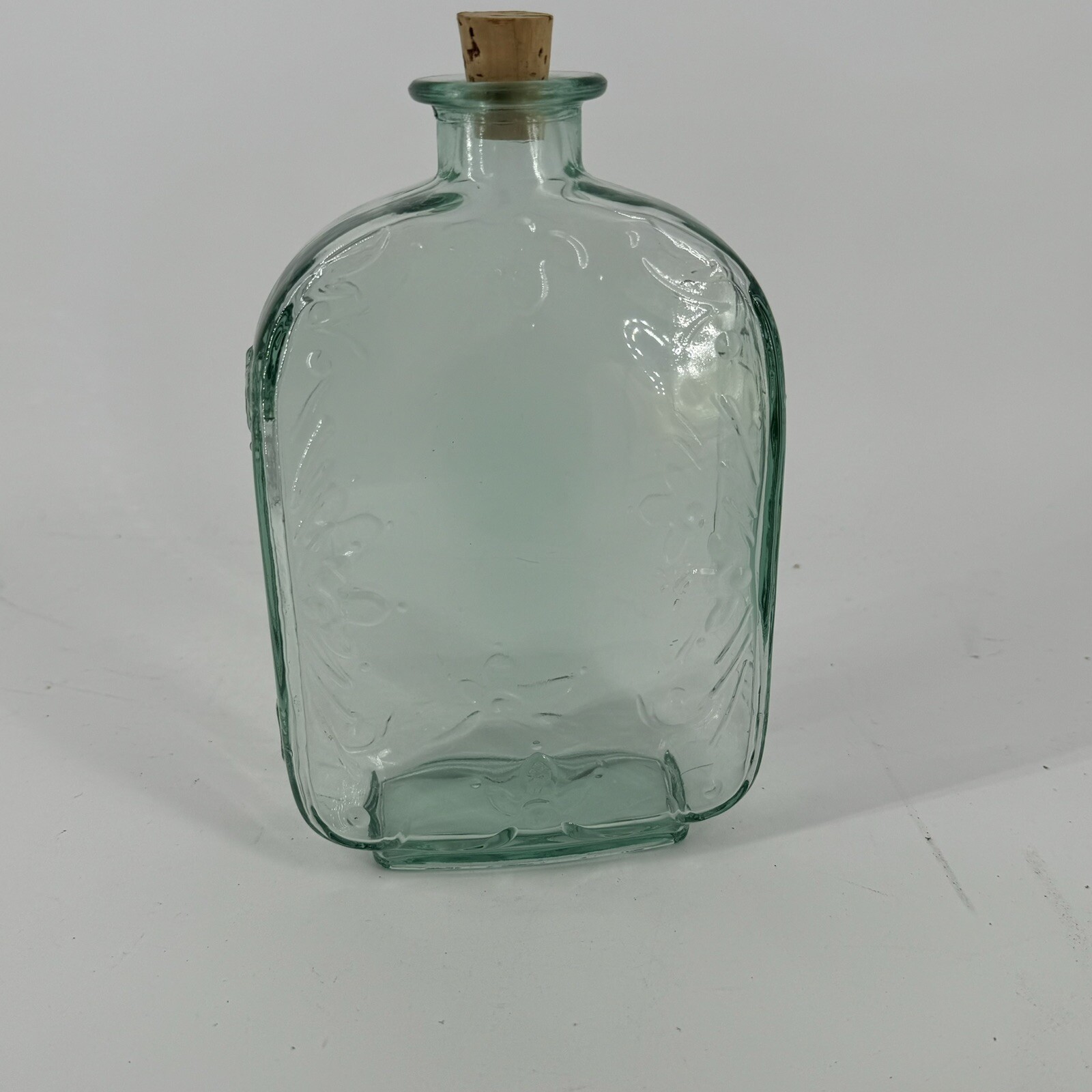 Green Glass Bottle/ Decanter / Vase with Raised Floral Design