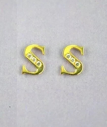 Solid 14k Yellow Gold Initial Letters Stud Earrings w/ Sparkling White CZ Stones - Picture 19 of 27