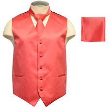 New Brand Q Men's Tuxedo Vest Waistcoat Necktie Hankie Set Solid Coral Party