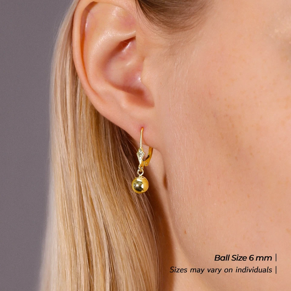 14K Real Solid Yellow Gold Shiny Polished Round Ball Dangle Drop Hoop Earrings - Image 3 of 4