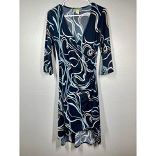 Kona Abstract Swirl Print Wrap Dress Midi Blue Beige Black 3/4 Sleeve see flaw