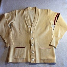 Vintage 40s 50s Mens Cream Varsity Letterman Cardigan Sweater Burgundy Pockets