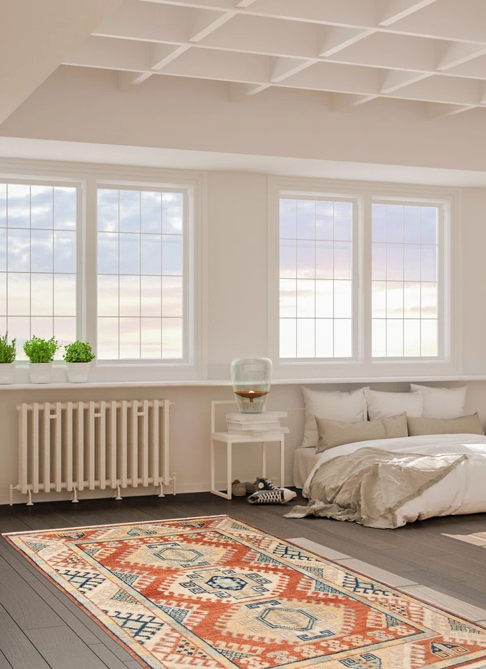 Alfombra tradicional de lana anudada a mano geométrica vintage de 5'3" x 7'9" Foto 2 de 4