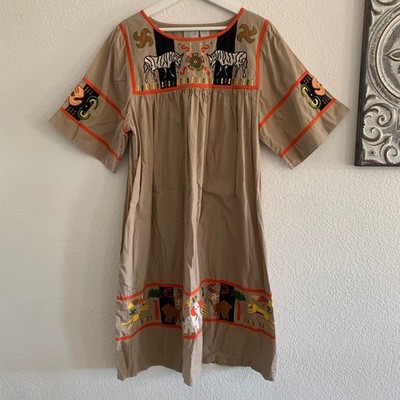 Go Softly Tan Cotton Embroidered Safari Animal Shift Dress Zebra Elephant Med M