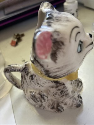 Vintage Small Kitty Creamer Japan Ceramic Yellow Bow Ribbon