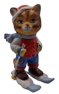 1994 Bronson Collectibles Skiing Kitty Cat on Skis Porcelain Figurine 3 1/4''