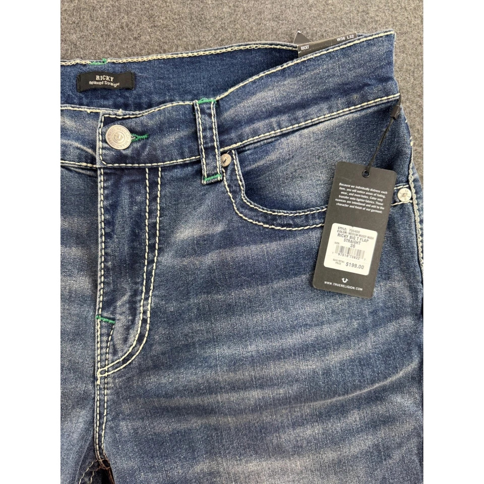 Pantalones de mezclilla rectos True Religion Ricky Big T con solapa para hombre talla 36x32 lavado medio Foto 4 de 4