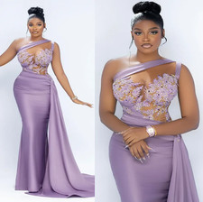Lavender Evening Dresses Elegant Sheer Neck One Shoulder Illusion Prom Dresses