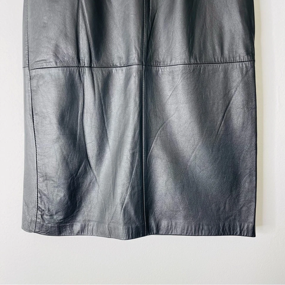 Vintage black leather moto classic office preppy midi pencil skirt small - Image 3 of 4