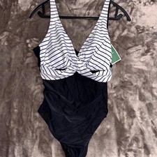 Eomenie Ruched Swimsuit One Piece Womens Large Black White Striped Twist Front