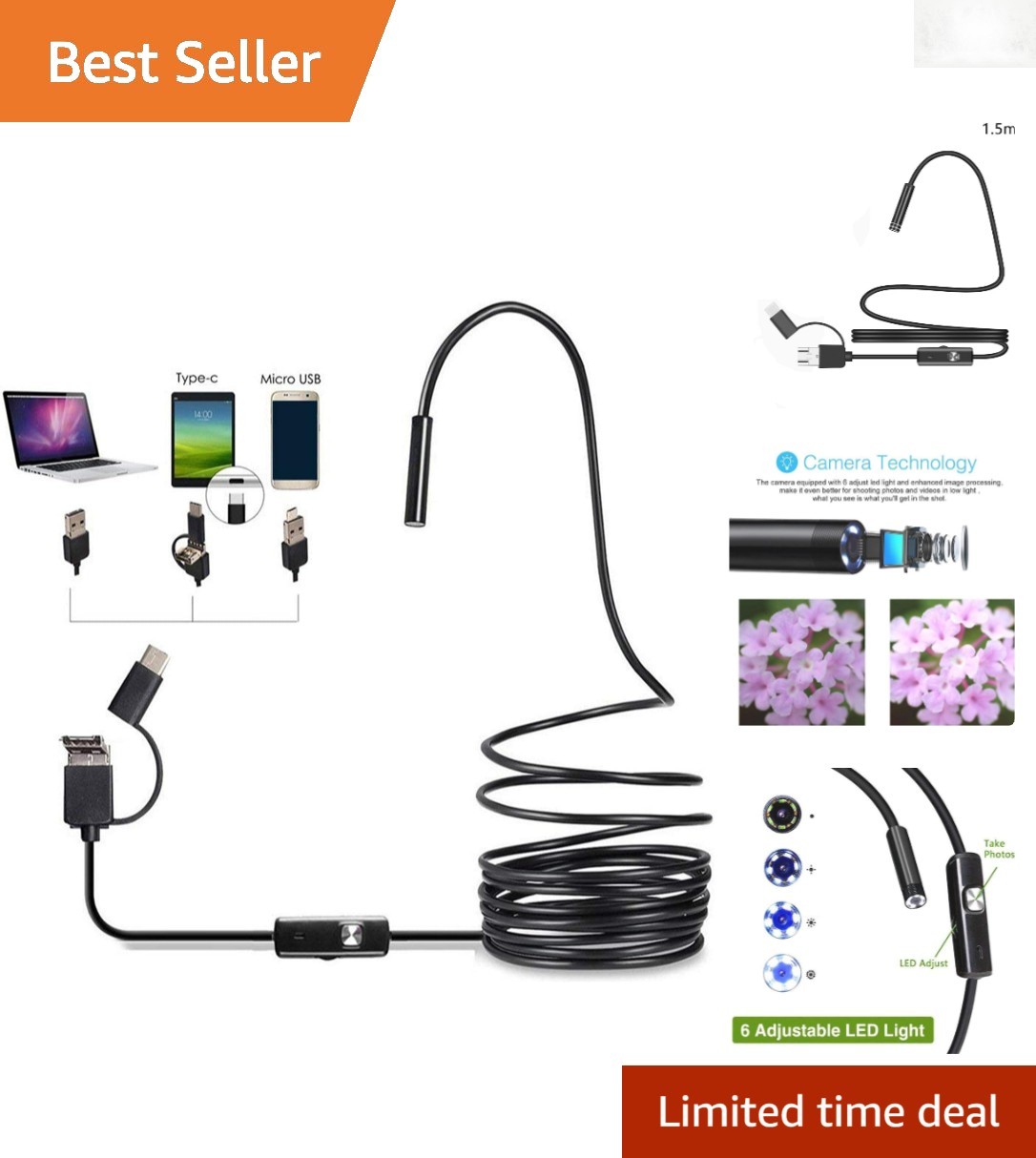 Compact 3-in-1 Endoscope Camera - Lightweight, HD & Waterproof for Inspections