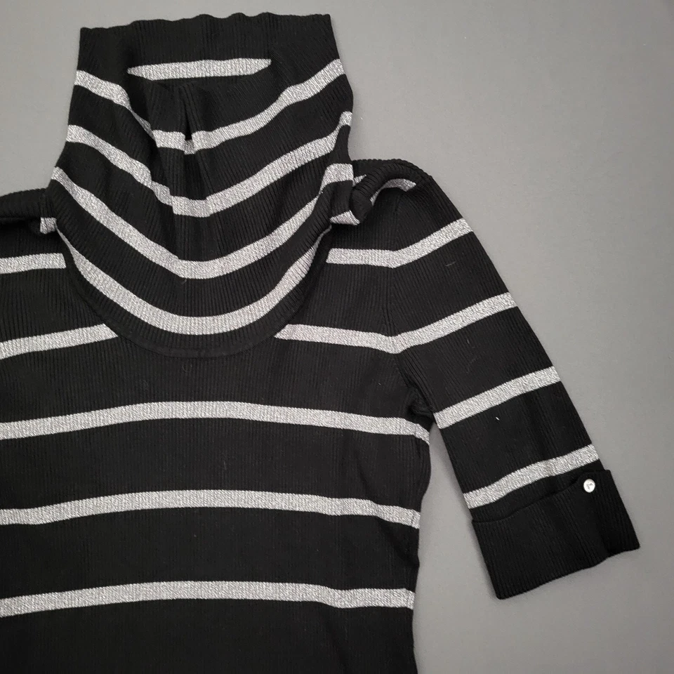 INC Sweater Womens L 3/4 Sleeve Metallic Pullover Turtle Neck Knit Striped Black - Image 3 of 4