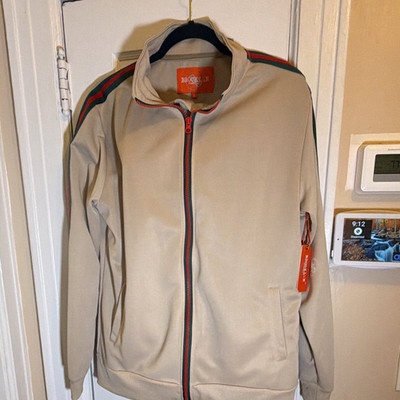 Brooklyn Standard Men's Tan 2pc Tracksuit L Zip Logo Pockets Red/Green Stripe