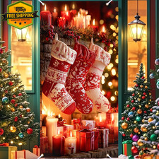Merry Christmas Front Door Cover Banner 35x71in Polyester Holiday Decor