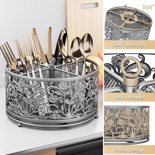 360° Rotating Utensil Caddy - Silverware Cutlery Caddy Holder with 4 Compartm... - Picture 5 of 6