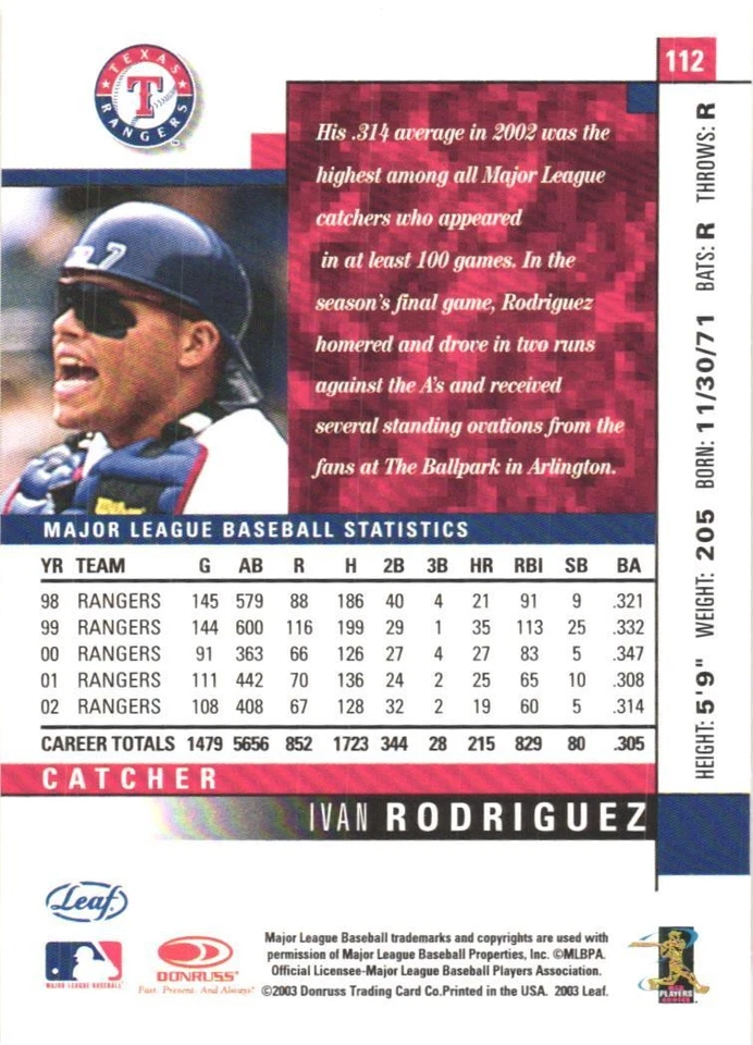 2003 Leaf #112 Ivan Rodriguez Texas Rangers - Image 2 of 2