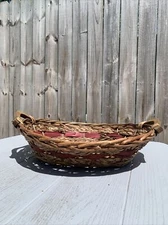 Woven Straw Basket with Handles, Red, Brown 15 x 14