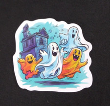 Happy Ghosts Coming From Haunted House Halloween Sticker 1.78" x 2" AT 