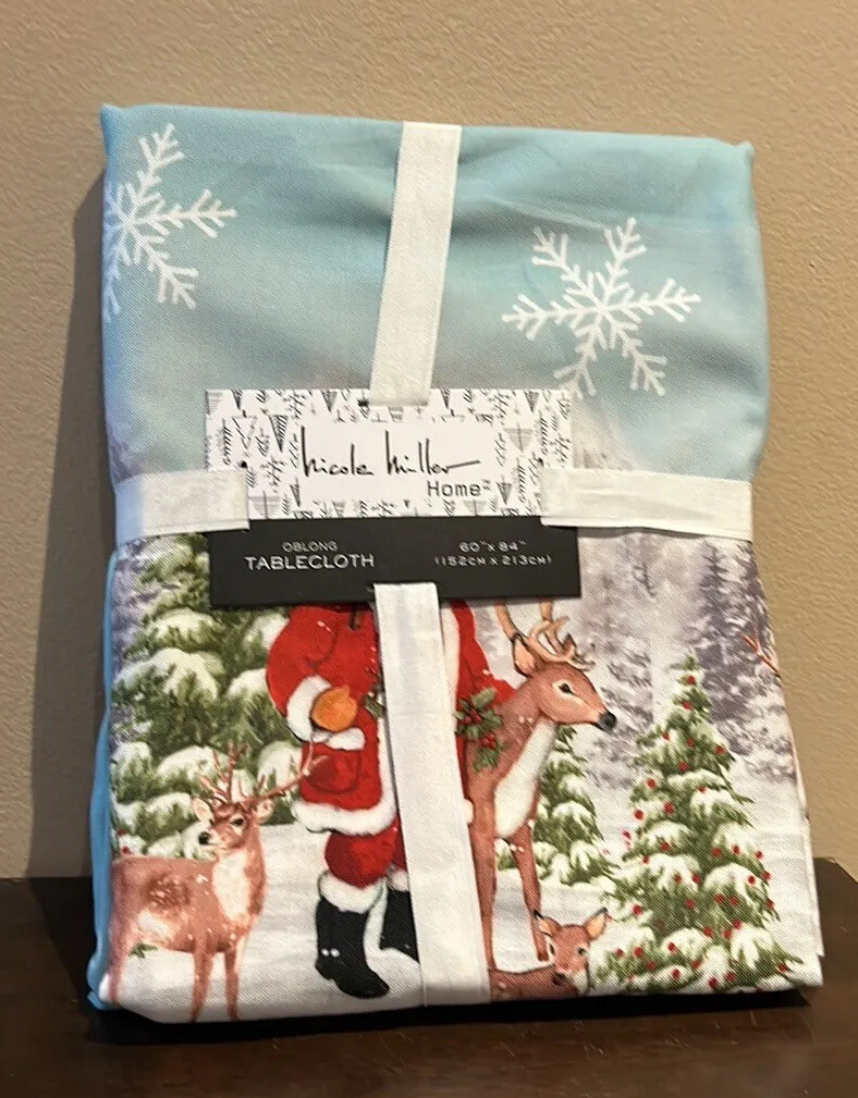 Nicole Miller Tablecloth Christmas Trees Santa Reindeer Snowman 60