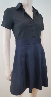 theory skater mini dress THEORY Black & Navy Wool Linen Blue Short Sleeve Mini Pleated Skater Dress  UK8