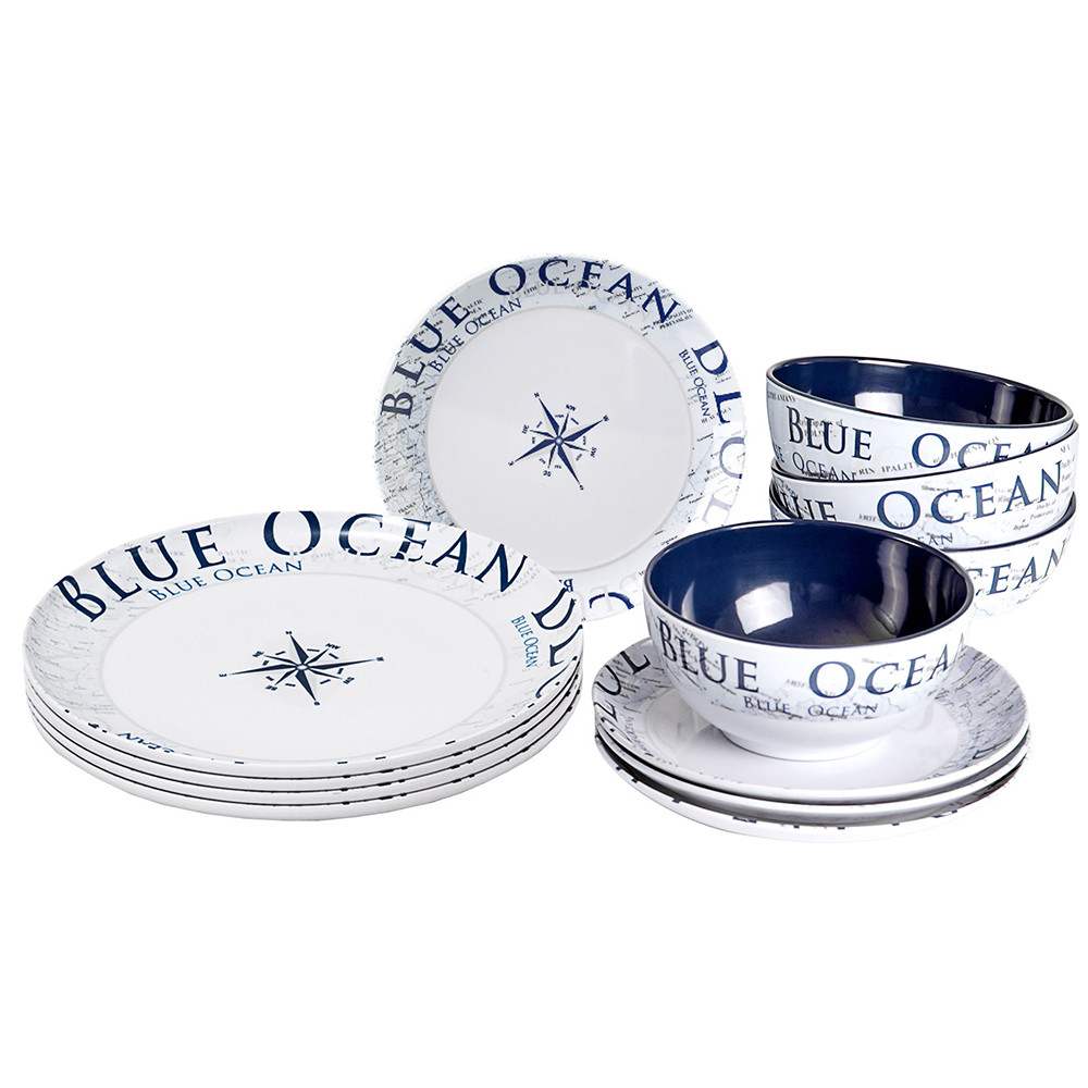 set stoviglie in Melamina Blue Ocean 16pz Colore Bianco/Blu Brunner