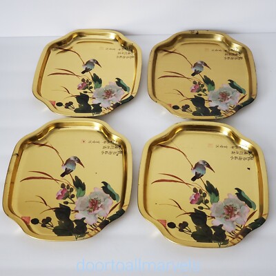 4 Elite Trays Metal Mini Trays Humming Bird on Cherry Tree Blossoms England