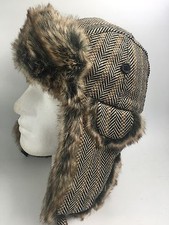 BROWN BLACK HERRINGBONE FLYING HAT FAUX FUR TRIM BNWOT HW2566